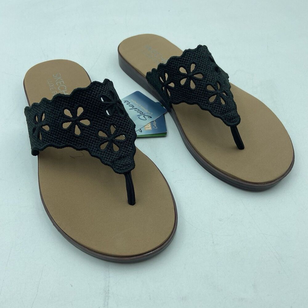 Skechers Women's Luxe Foam Strappy Slide Sandals Black Size 8 NWT